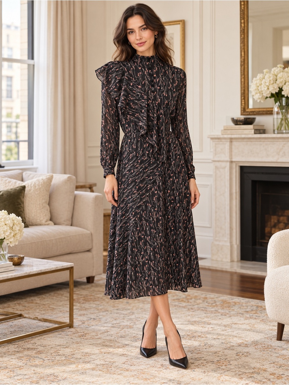 Harper Black Floral Asymmetric Ruffle Midi Dress Fits Like a Small